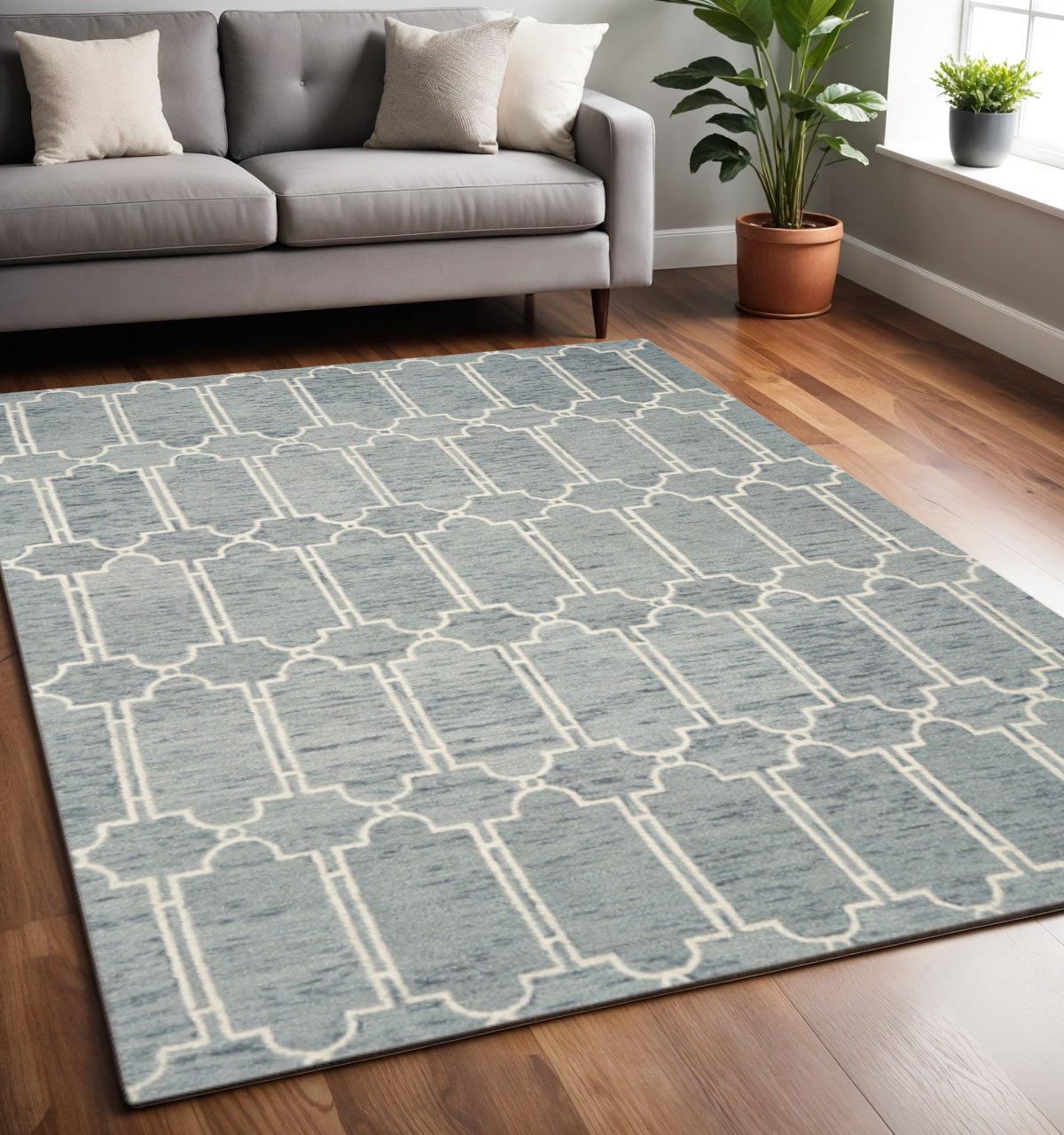 8' X 10' Slate Blue And Ivory Wool Geometric Hand Tufted Area Rug