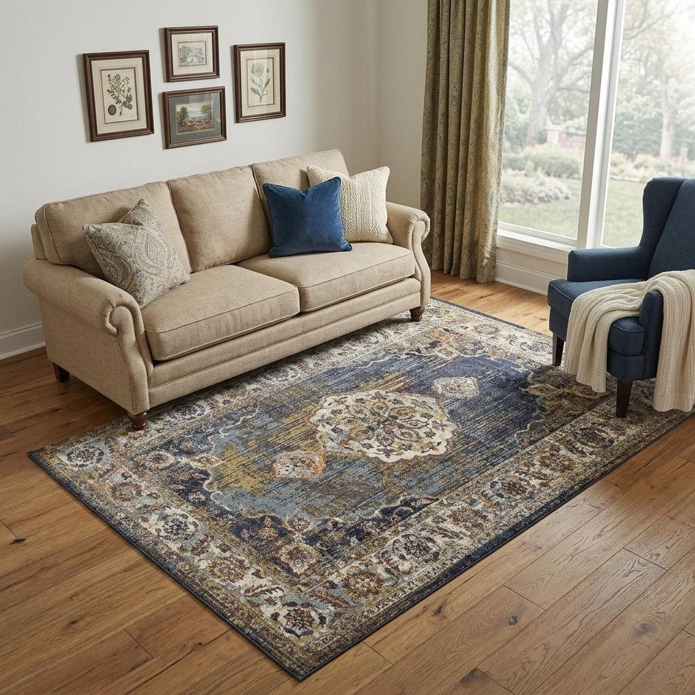 5' X 8' Navy Blue Gold And Ivory Medallion Area Rug