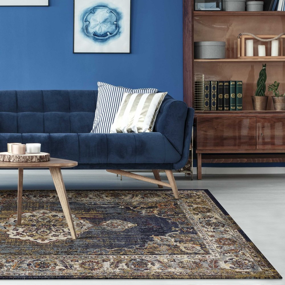 5' X 8' Navy Blue Gold And Ivory Medallion Area Rug