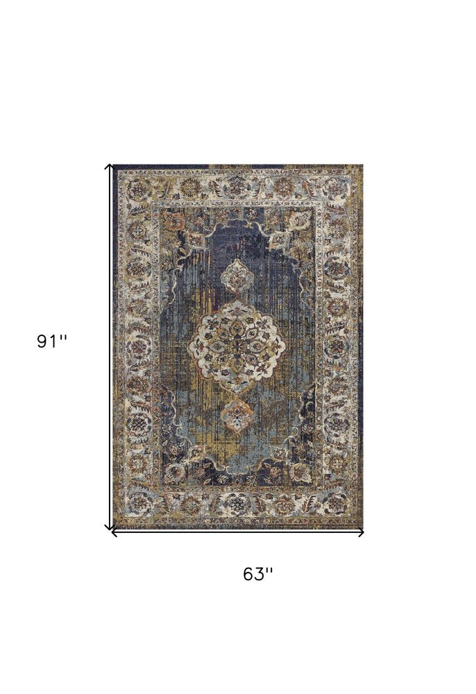 5' X 8' Navy Blue Gold And Ivory Medallion Area Rug