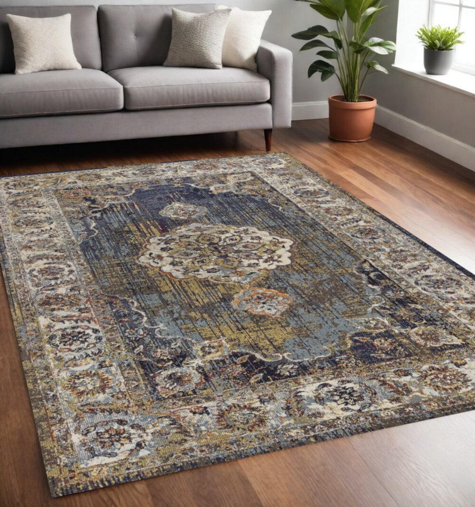 5' X 8' Navy Blue Gold And Ivory Medallion Area Rug