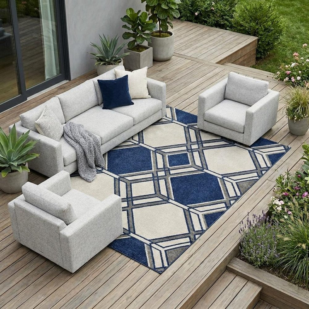 7' X 10' Ivory and Blue Geometric Indoor Outdoor Area Rug