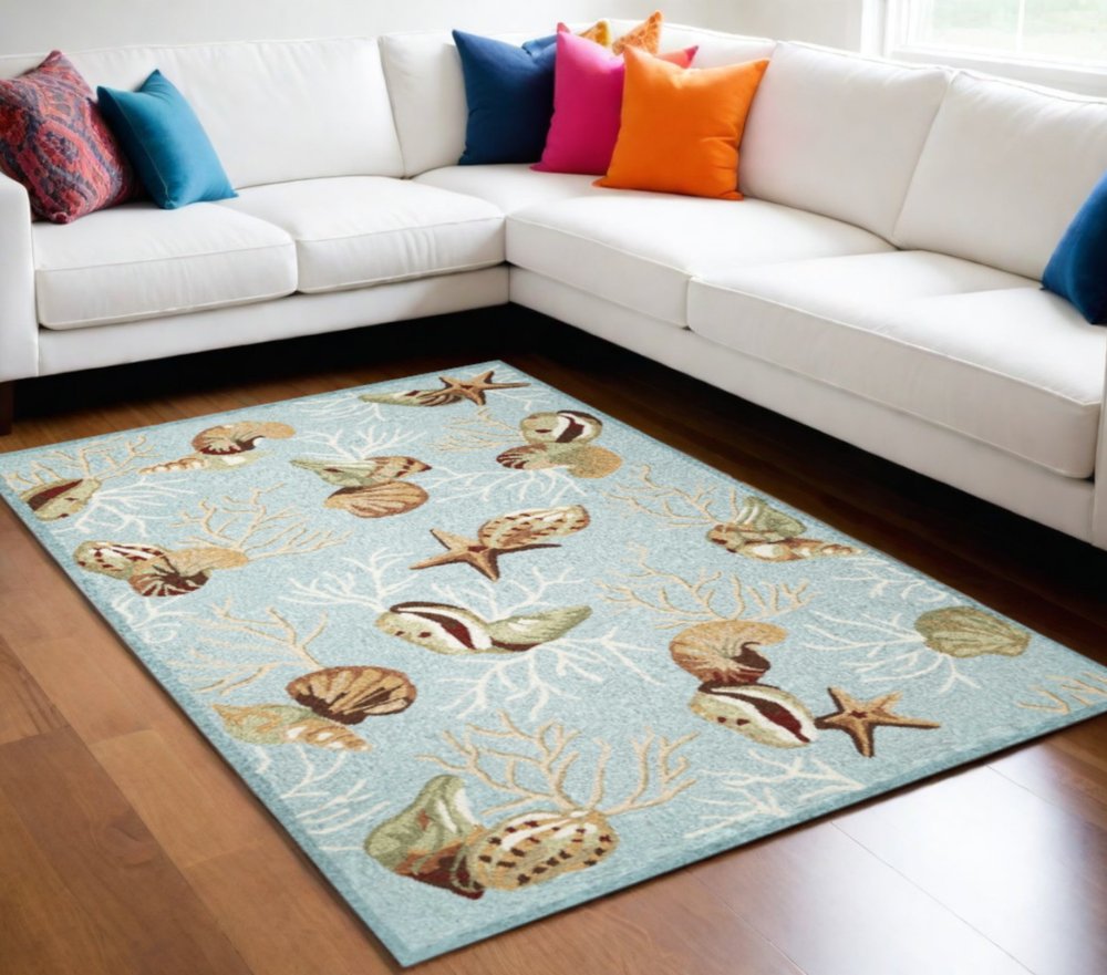 5' X 7' Blue Beige And Green Seashell and Coral Hand Hooked Area Rug