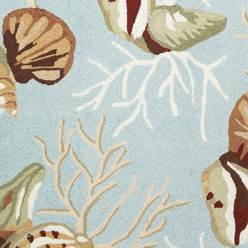 5' X 7' Blue Beige And Green Seashell and Coral Hand Hooked Area Rug