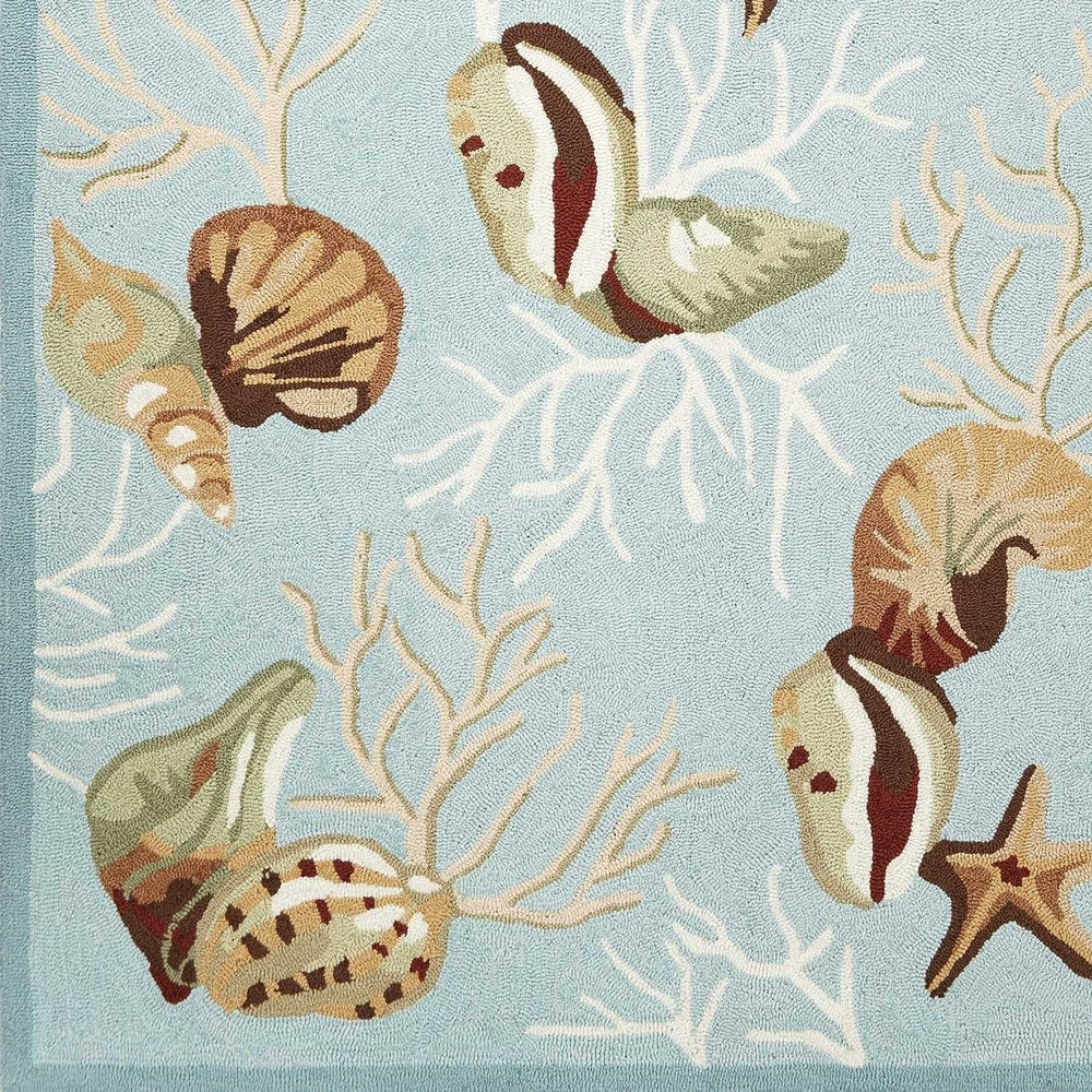 5' X 7' Blue Beige And Green Seashell and Coral Hand Hooked Area Rug