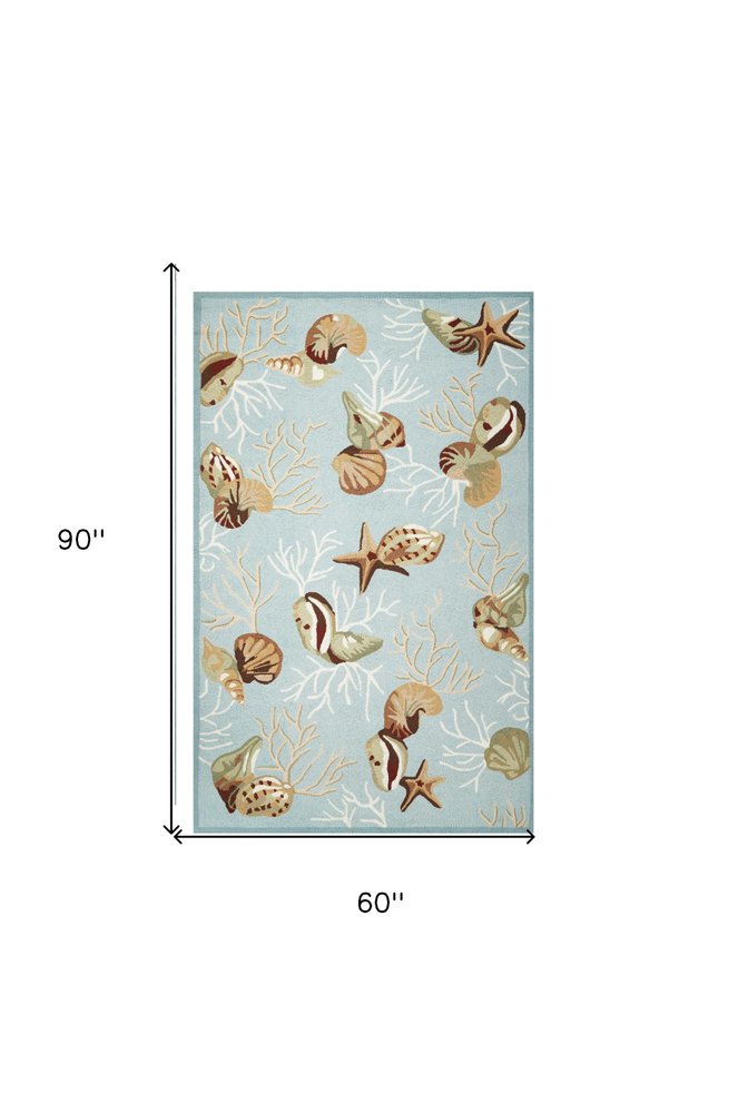 5' X 7' Blue Beige And Green Seashell and Coral Hand Hooked Area Rug