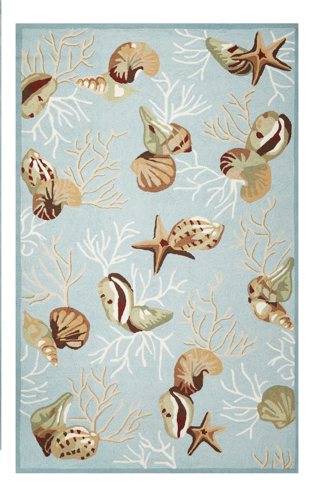 5' X 7' Blue Beige And Green Seashell and Coral Hand Hooked Area Rug
