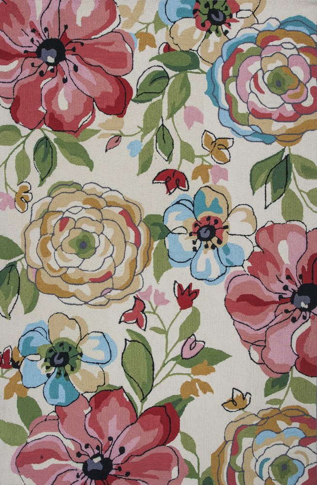 8' X 8' Sand Blue And Red Floral Hand Hooked Round Rug