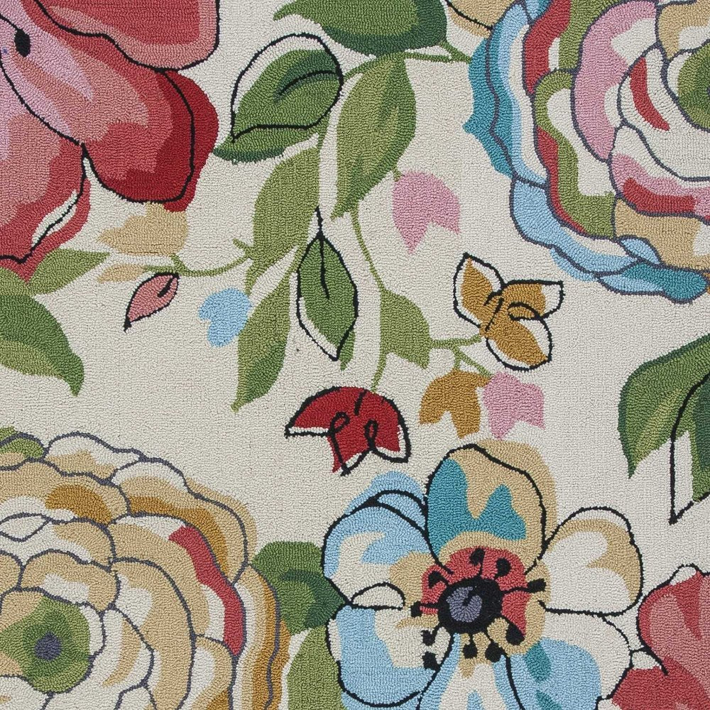 8' X 8' Sand Blue And Red Floral Hand Hooked Round Rug