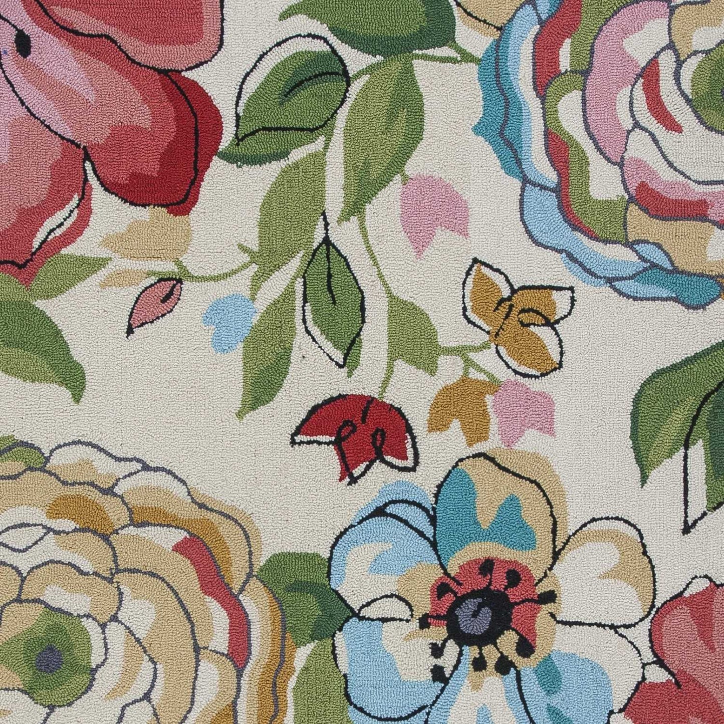 8' X 8' Sand Blue And Red Floral Hand Hooked Round Rug