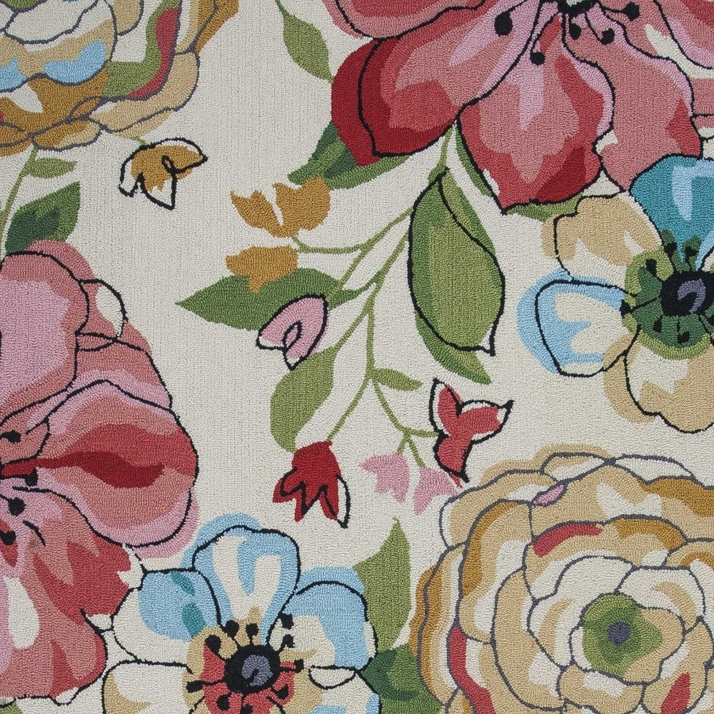 8' X 8' Sand Blue And Red Floral Hand Hooked Round Rug