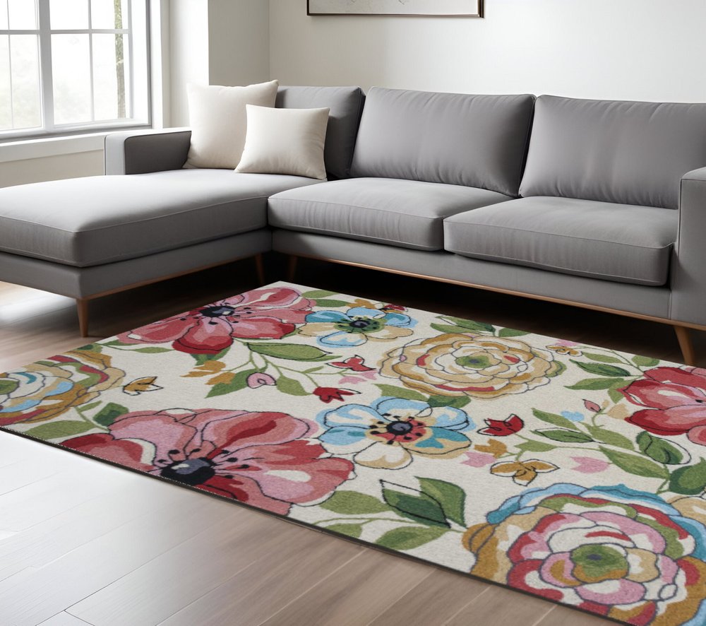 8' X 8' Sand Blue And Red Floral Hand Hooked Round Rug