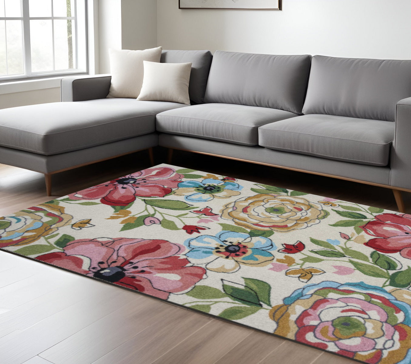 8' X 8' Sand Blue And Red Floral Hand Hooked Round Rug