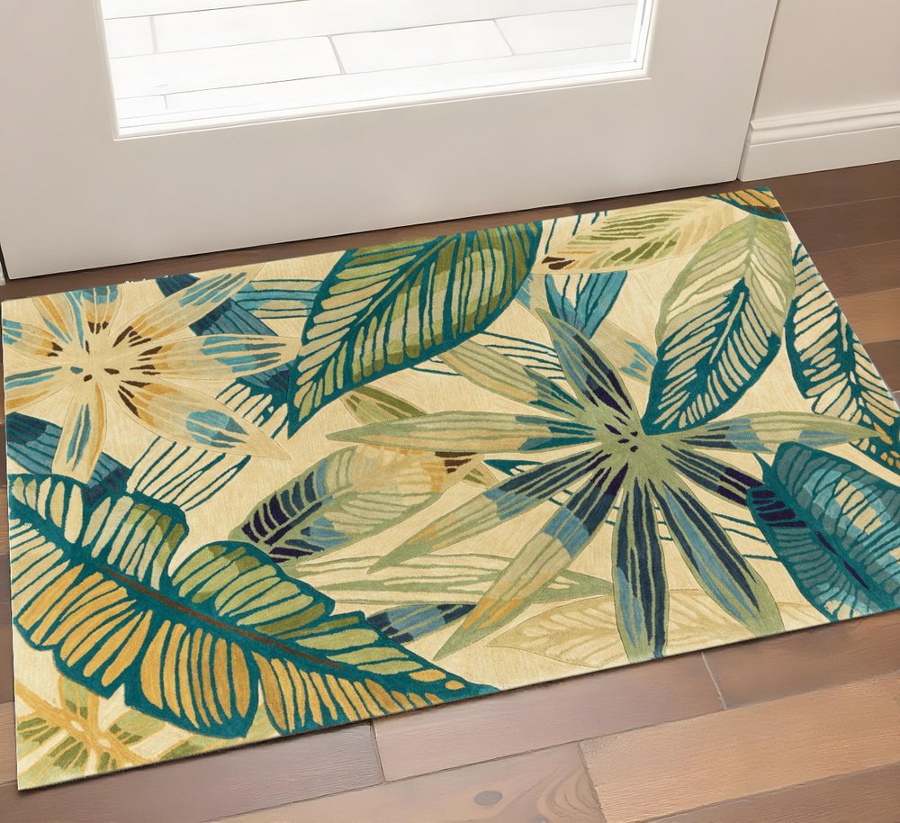 3' X 5' Ivory Teal And Green Wool Tropical Botanical Hand Tufted Area Rug