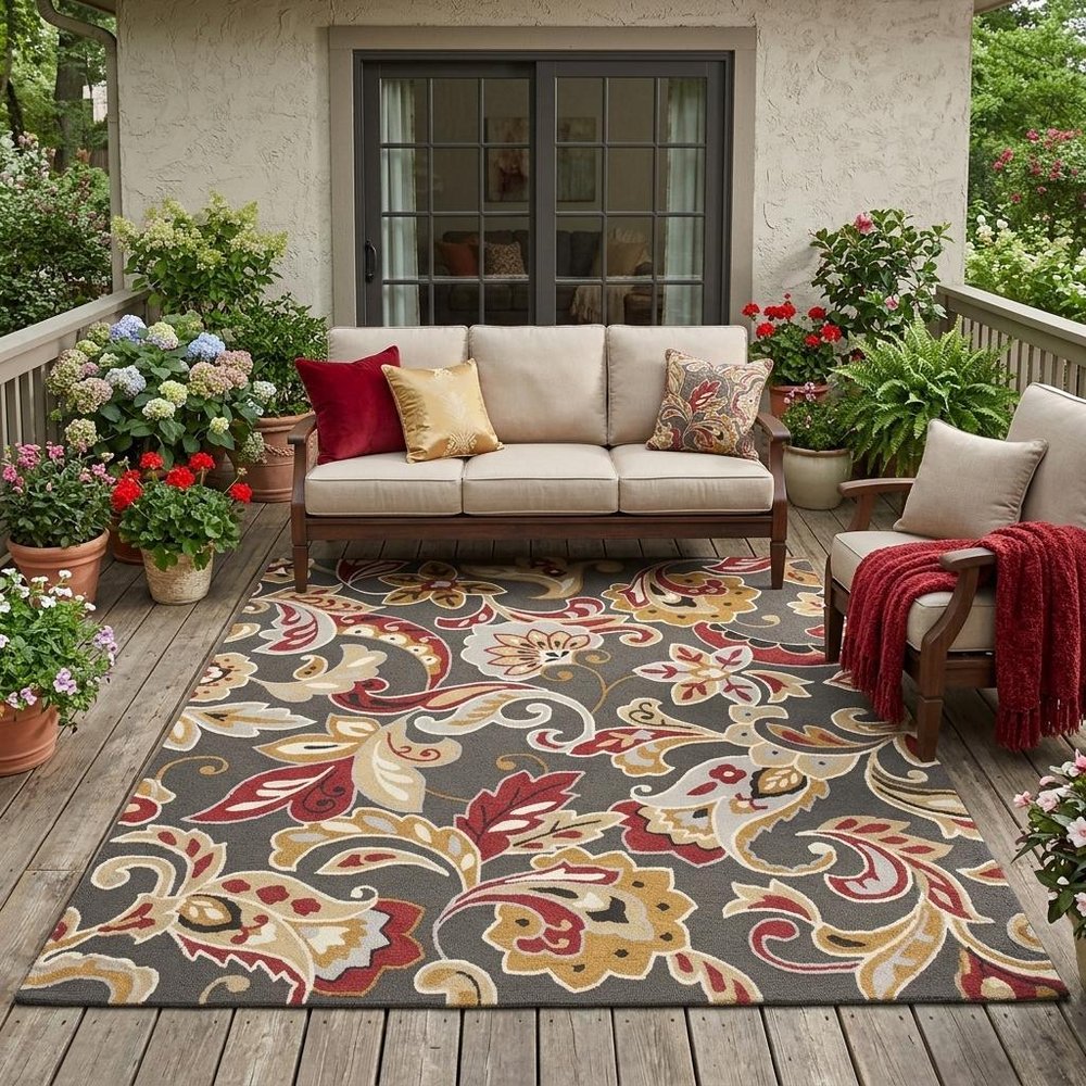 5' X 8' Taupe Floral Indoor Outdoor Area Rug