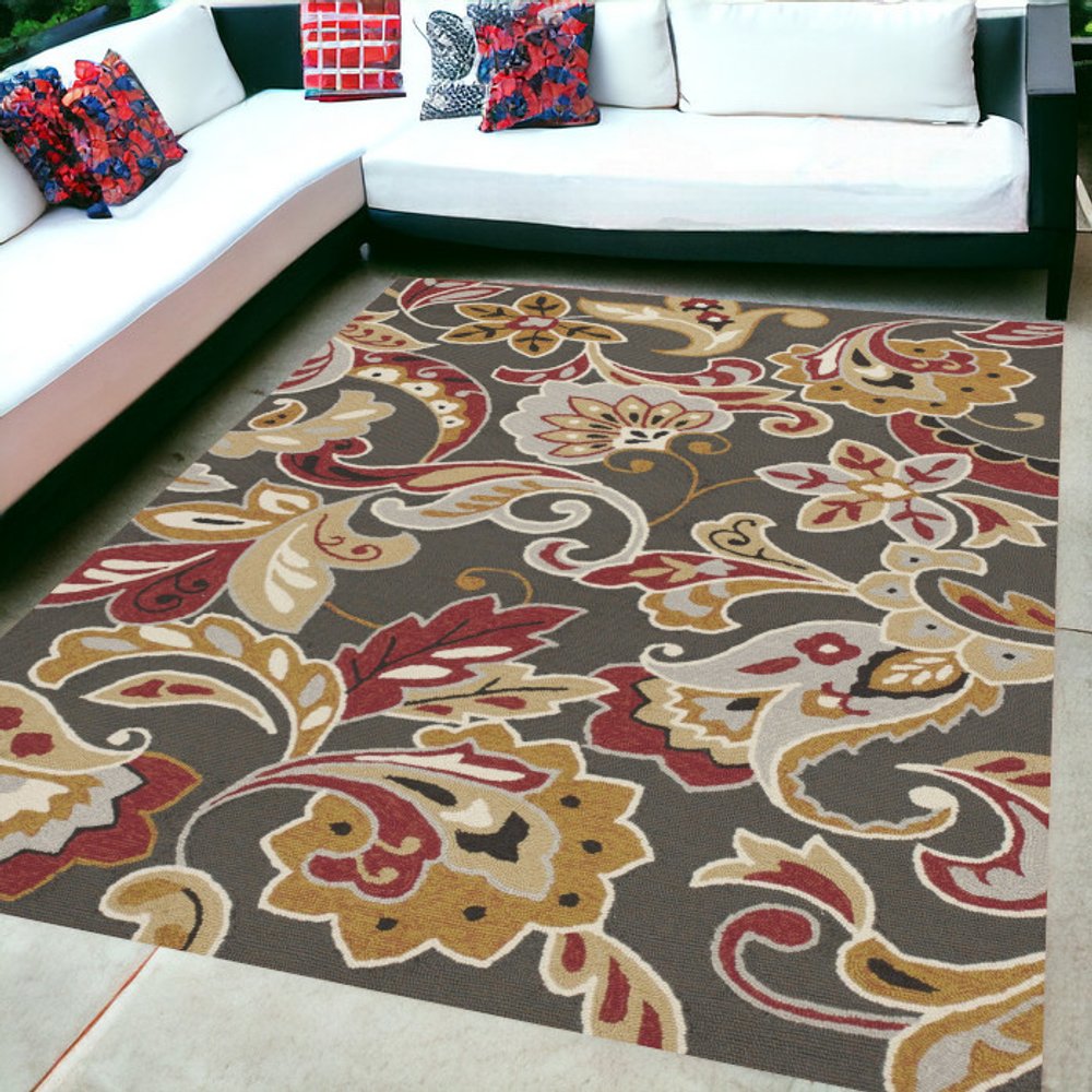 5' X 8' Taupe Floral Indoor Outdoor Area Rug