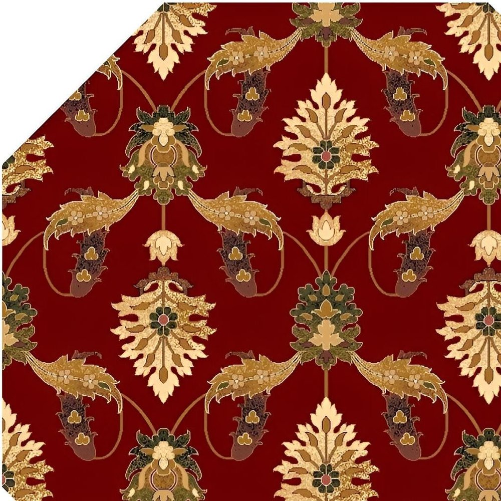 8' Red Beige And Brown Floral Vines Octagon Rug