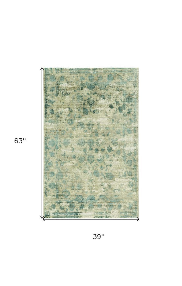 5' X 7' Beige And Blue Floral Medallion Hand Loomed Area Rug