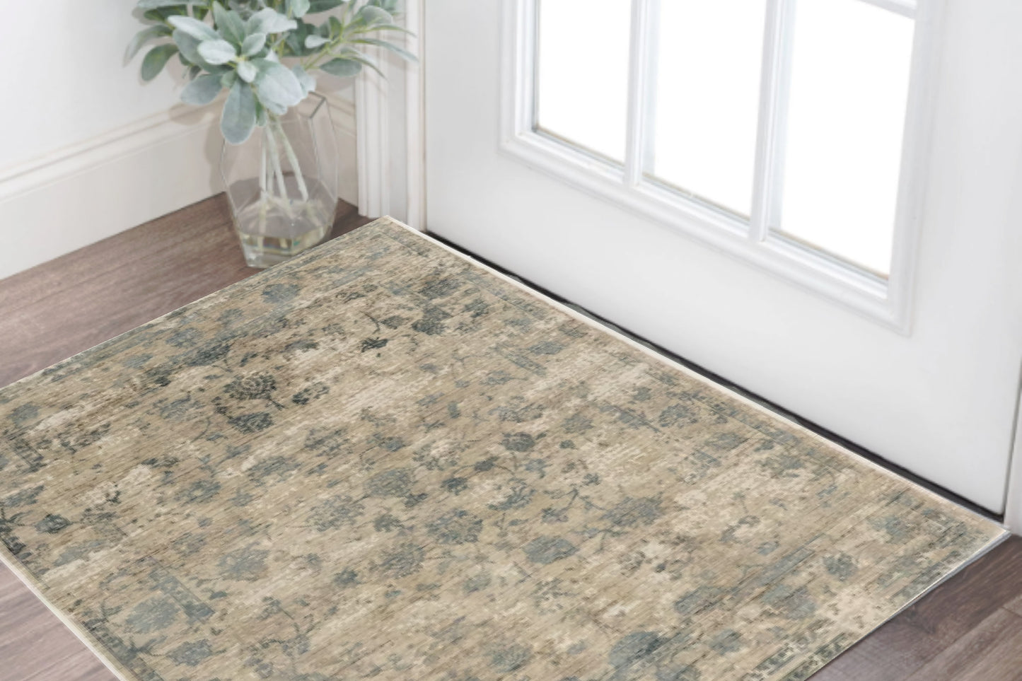 5' X 7' Beige And Blue Floral Medallion Hand Loomed Area Rug