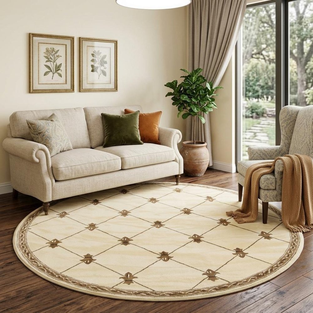 8' Ivory And Brown Floral Vines Round Rug