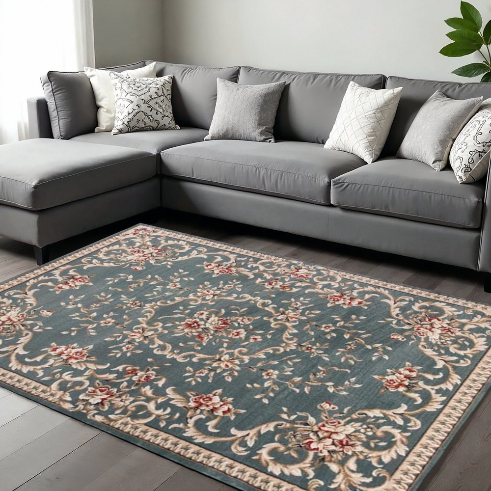 8' X 10' Slate Blue And Red Floral Medallion Area Rug