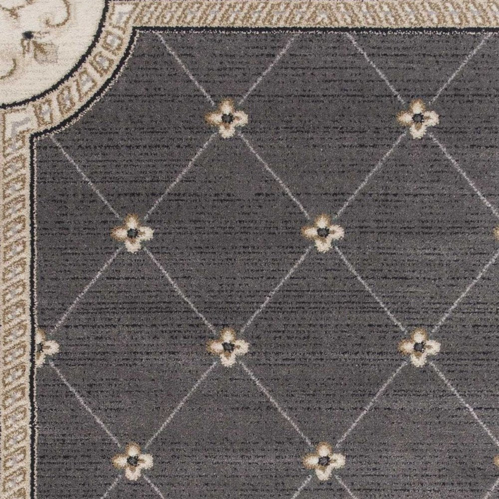 9' X 12' Gray And Ivory Floral Area Rug