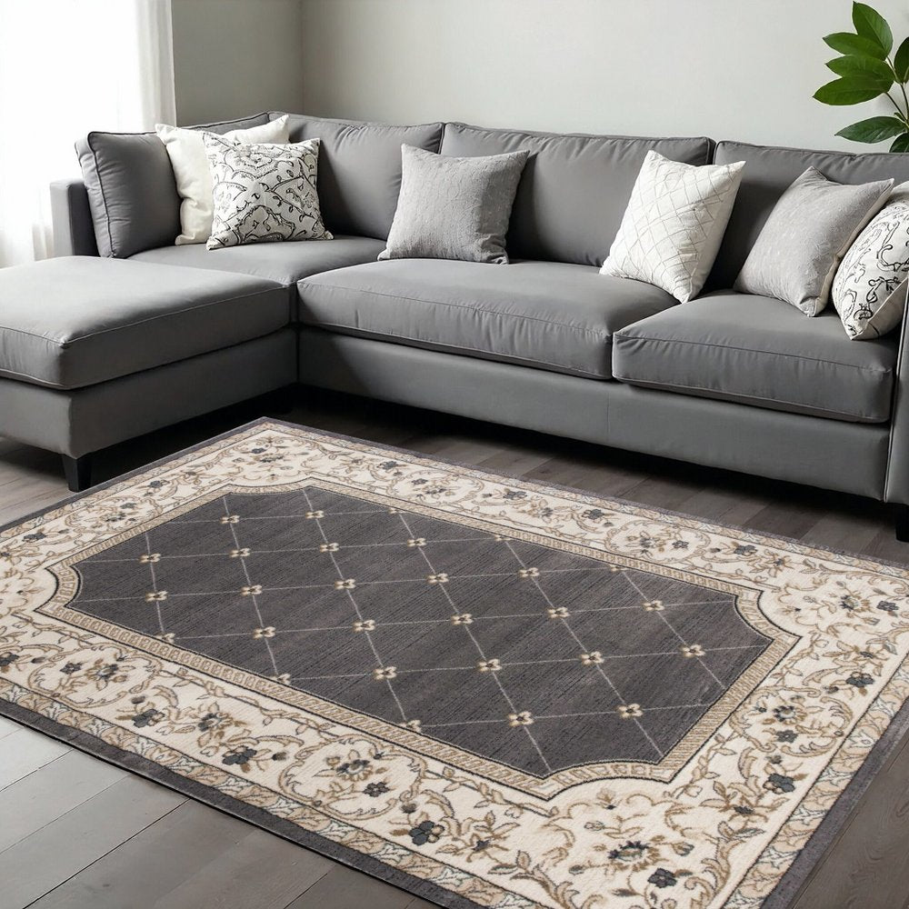 9' X 12' Gray And Ivory Floral Area Rug