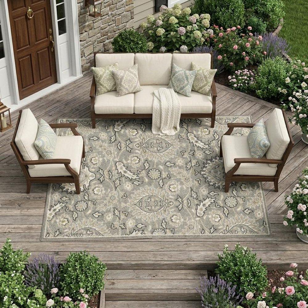 8' X 11' Gray Damask Indoor Outdoor Area Rug