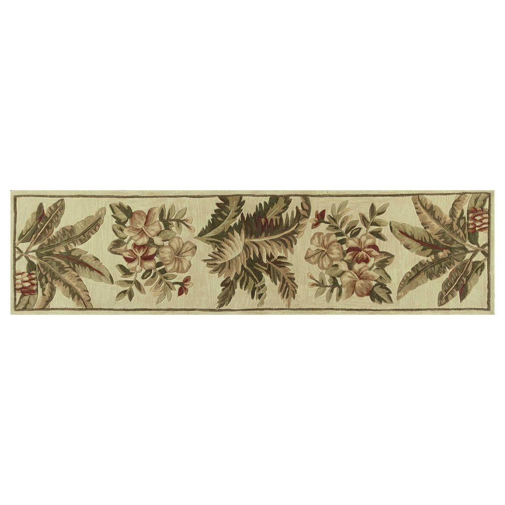 10' Ivory Green And Brown Wool Tropical Botanical Hand Tufted Runner Rug