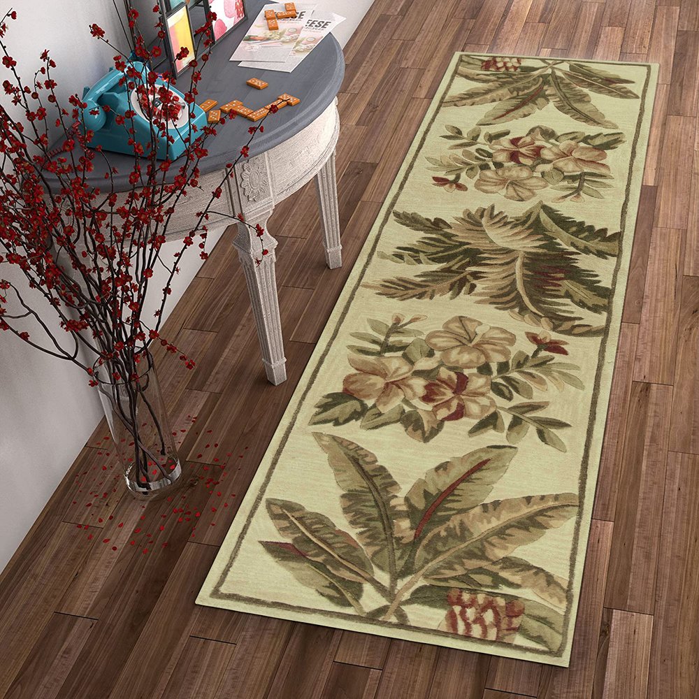 10' Ivory Green And Brown Wool Tropical Botanical Hand Tufted Runner Rug