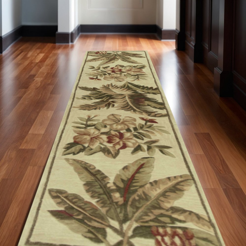 10' Ivory Green And Brown Wool Tropical Botanical Hand Tufted Runner Rug
