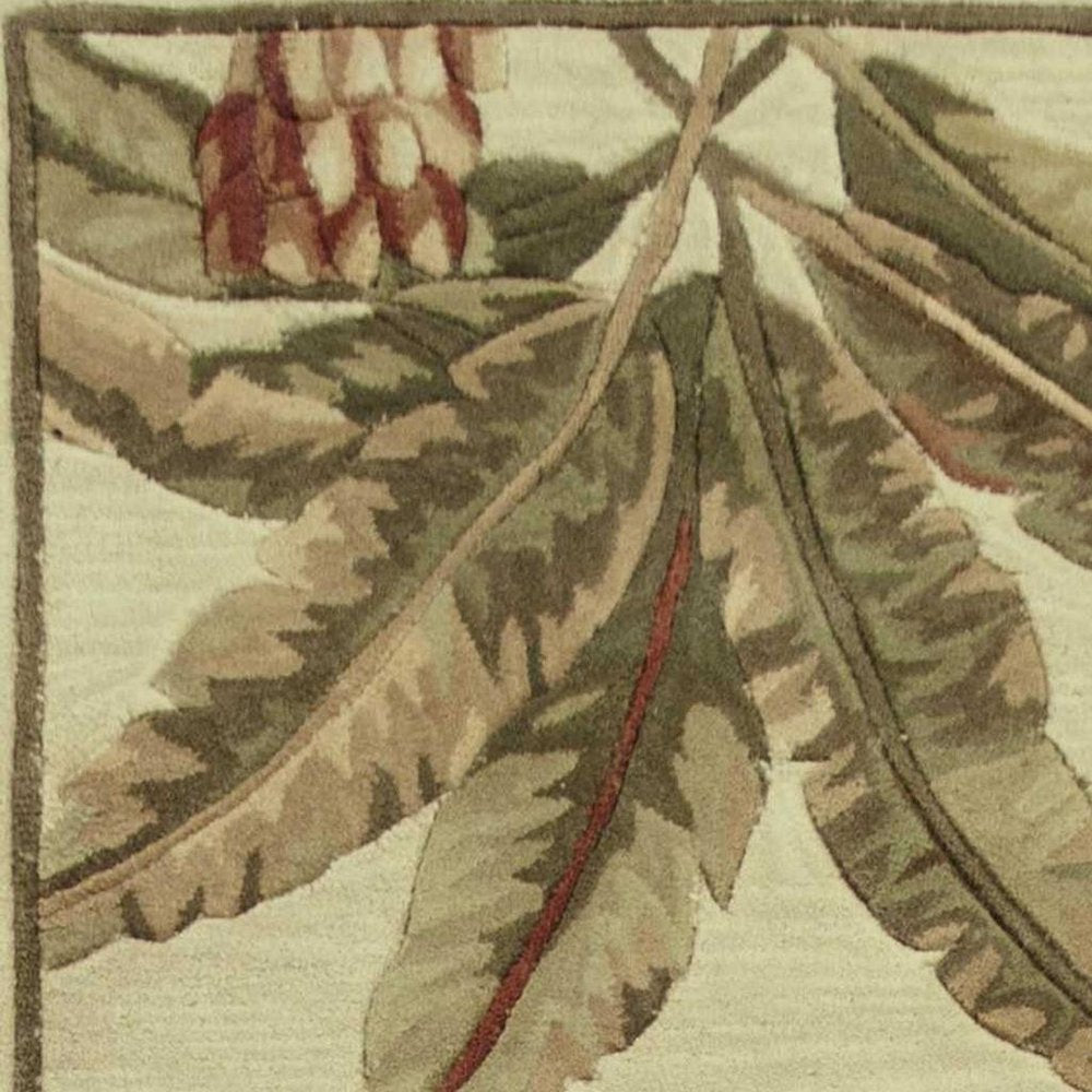 10' Ivory Green And Brown Wool Tropical Botanical Hand Tufted Runner Rug