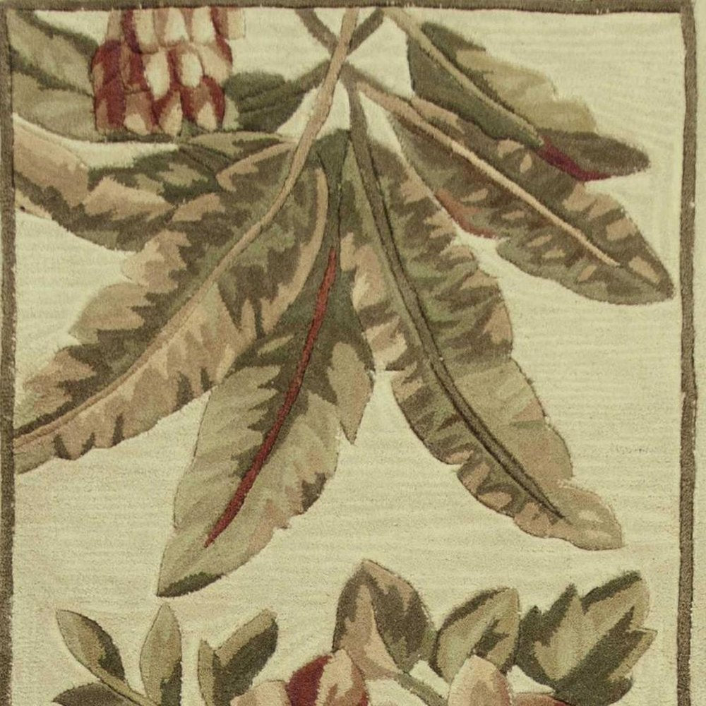 10' Ivory Green And Brown Wool Tropical Botanical Hand Tufted Runner Rug