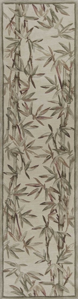 10' Ivory Green And Brown Wool Botanical Leaves Hand Tufted Runner Rug