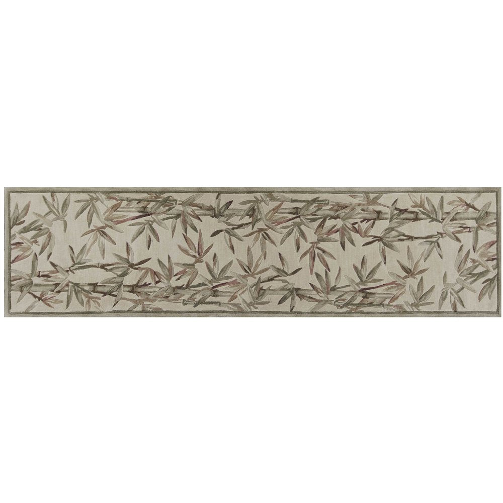 10' Ivory Green And Brown Wool Botanical Leaves Hand Tufted Runner Rug