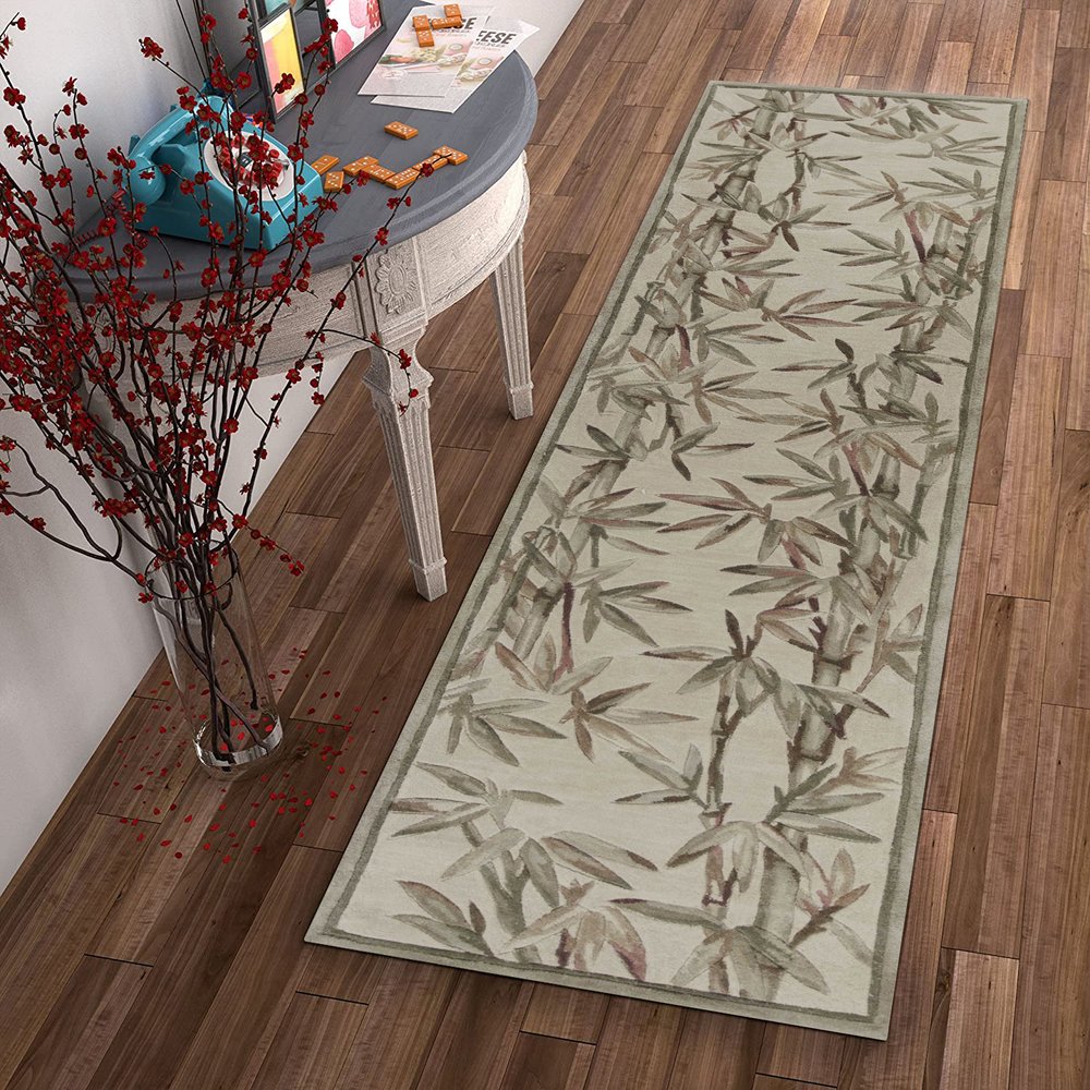10' Ivory Green And Brown Wool Botanical Leaves Hand Tufted Runner Rug