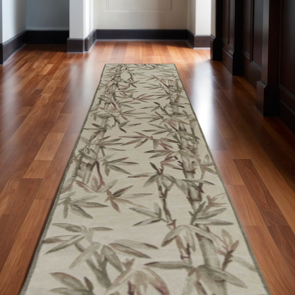 10' Ivory Green And Brown Wool Botanical Leaves Hand Tufted Runner Rug