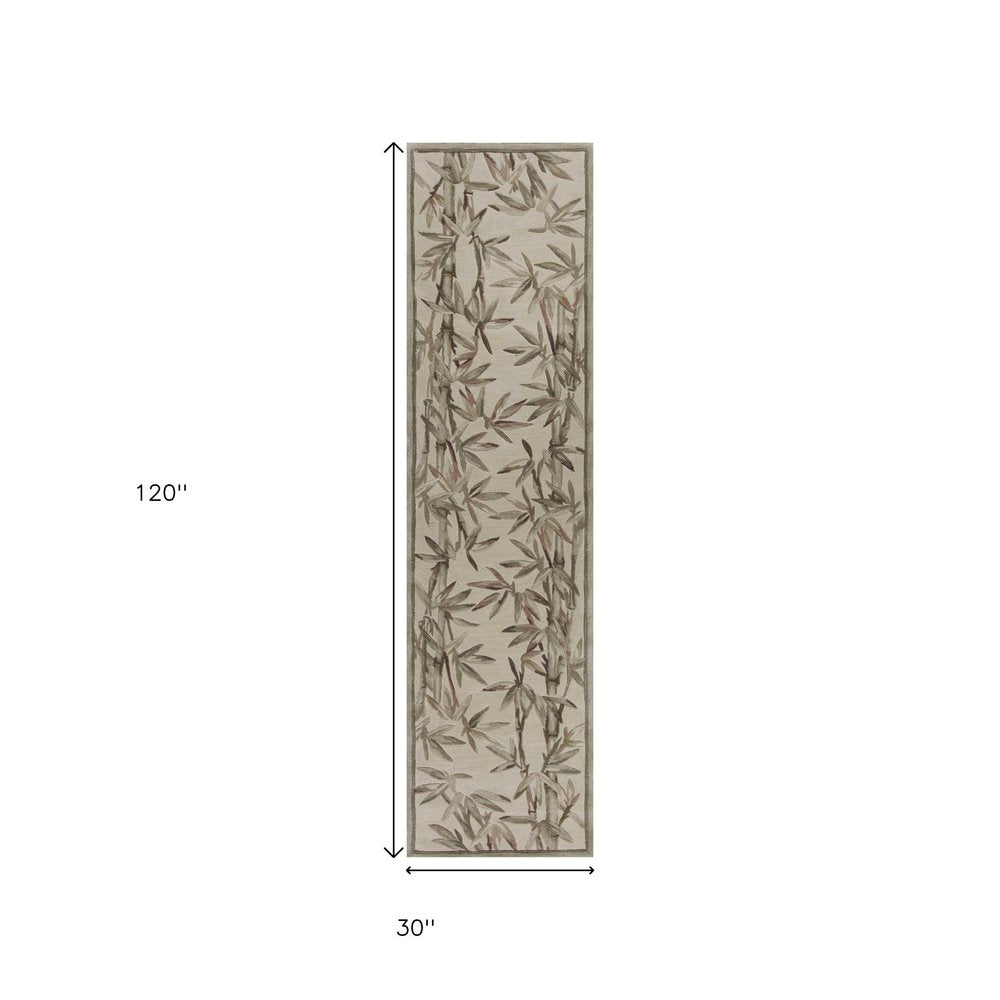 10' Ivory Green And Brown Wool Botanical Leaves Hand Tufted Runner Rug