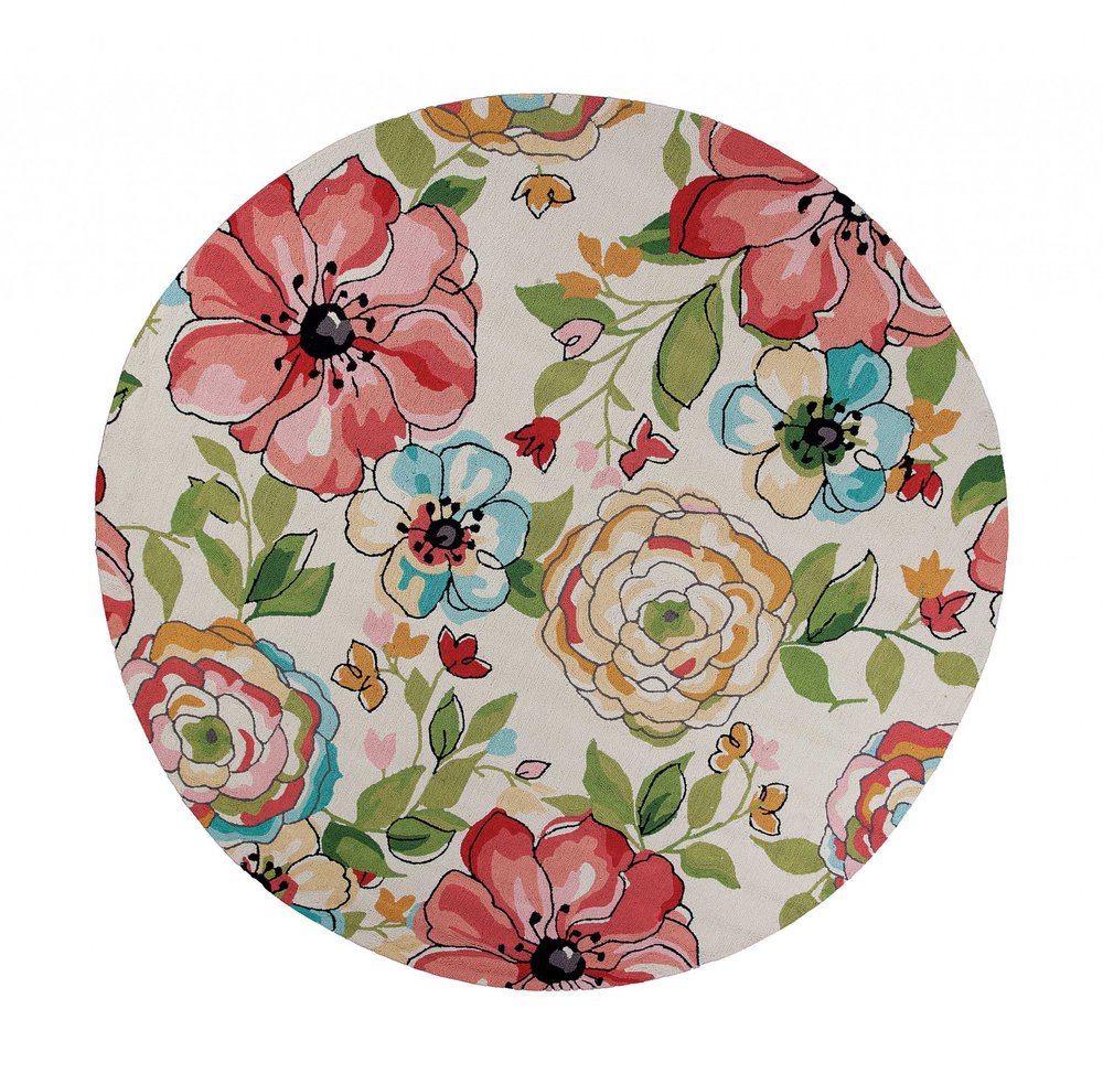 8' X 8' Sand Blue And Red Floral Hand Hooked Round Rug