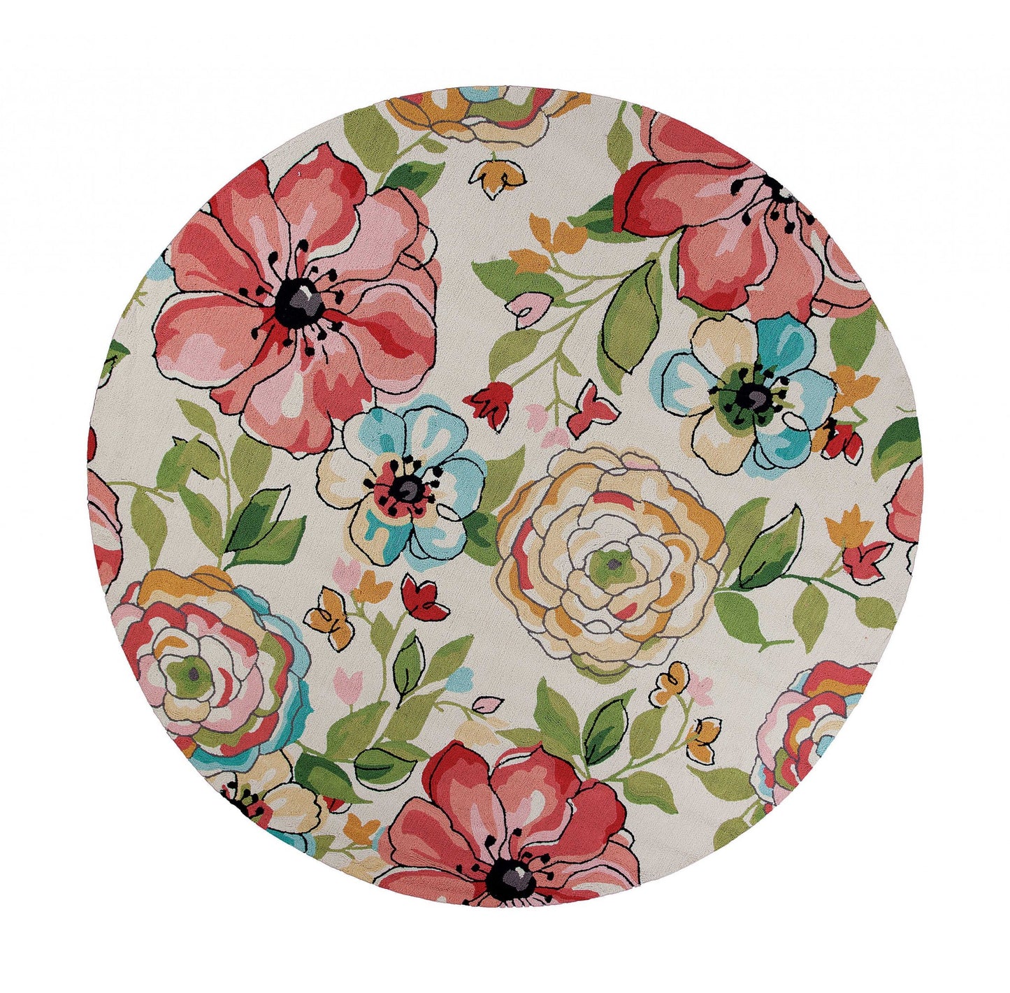8' X 8' Sand Blue And Red Floral Hand Hooked Round Rug
