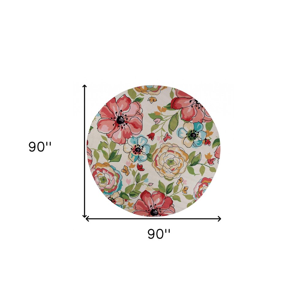 8' X 8' Sand Blue And Red Floral Hand Hooked Round Rug