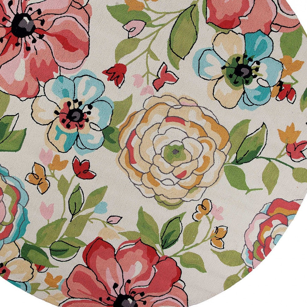 8' X 8' Sand Blue And Red Floral Hand Hooked Round Rug