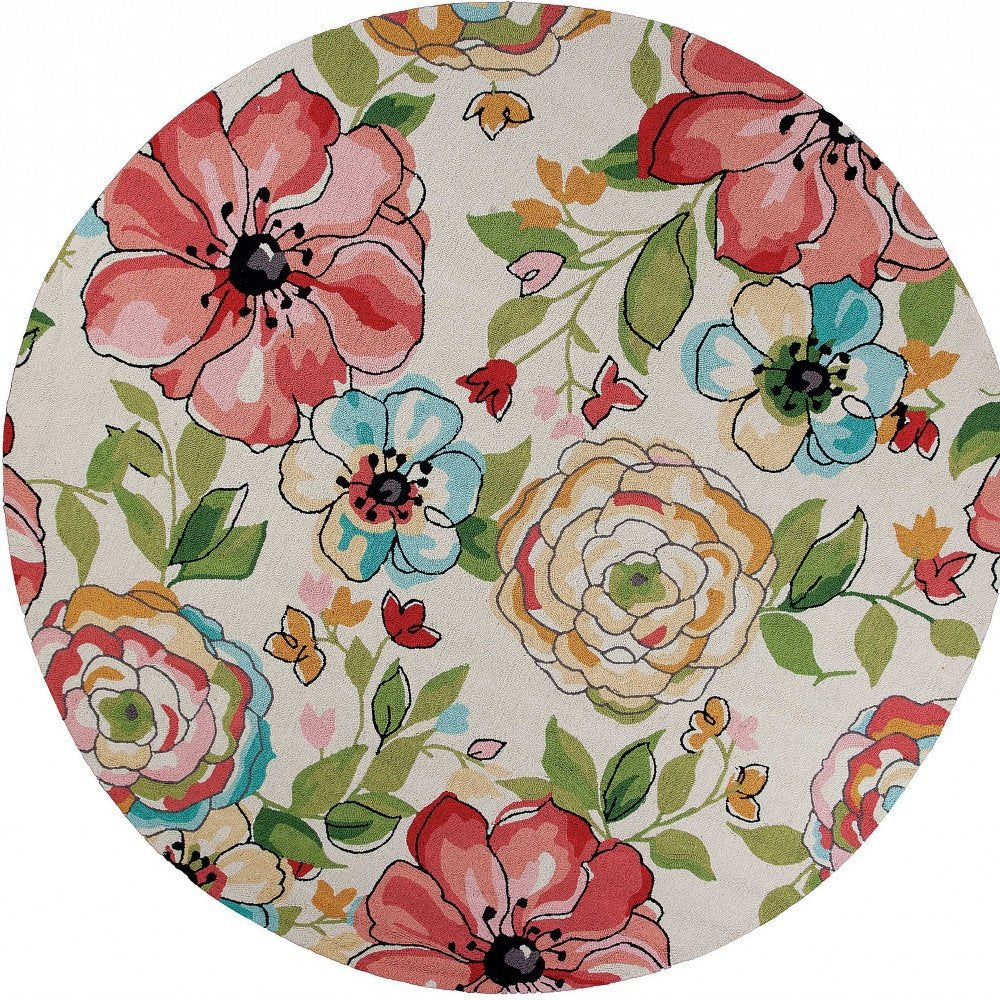 8' X 8' Sand Blue And Red Floral Hand Hooked Round Rug
