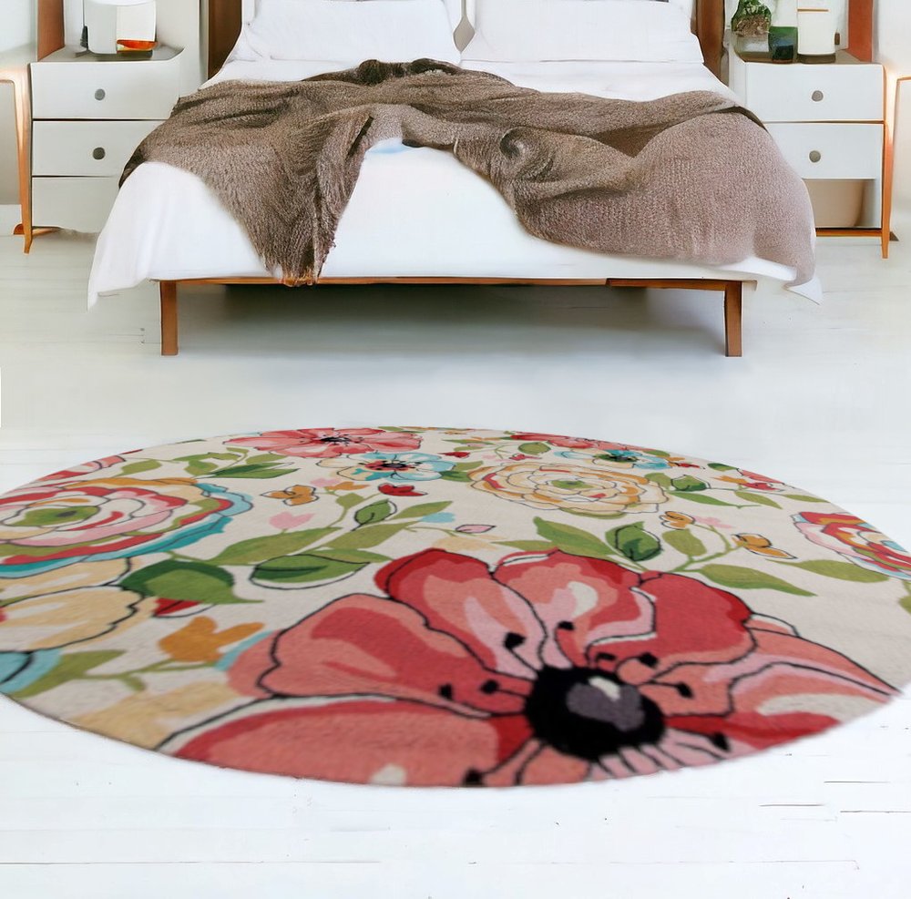 8' X 8' Sand Blue And Red Floral Hand Hooked Round Rug