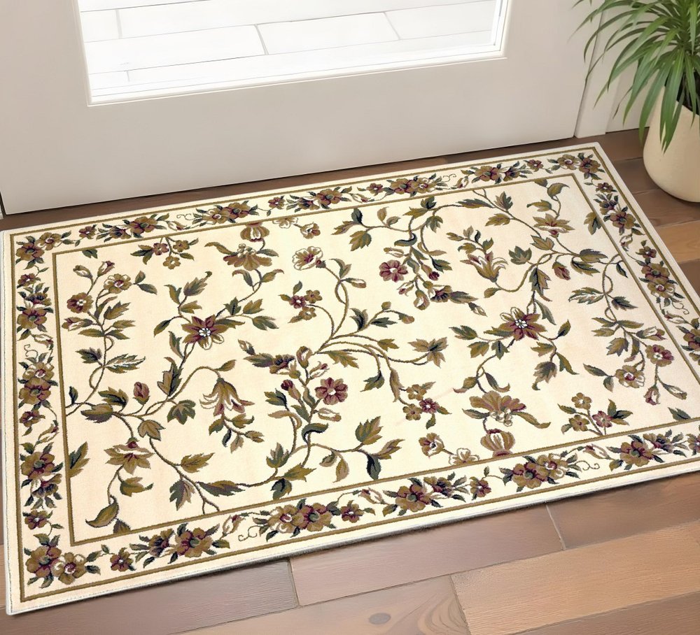2' X 3' Ivory Green And Red Floral Vines Area Rug