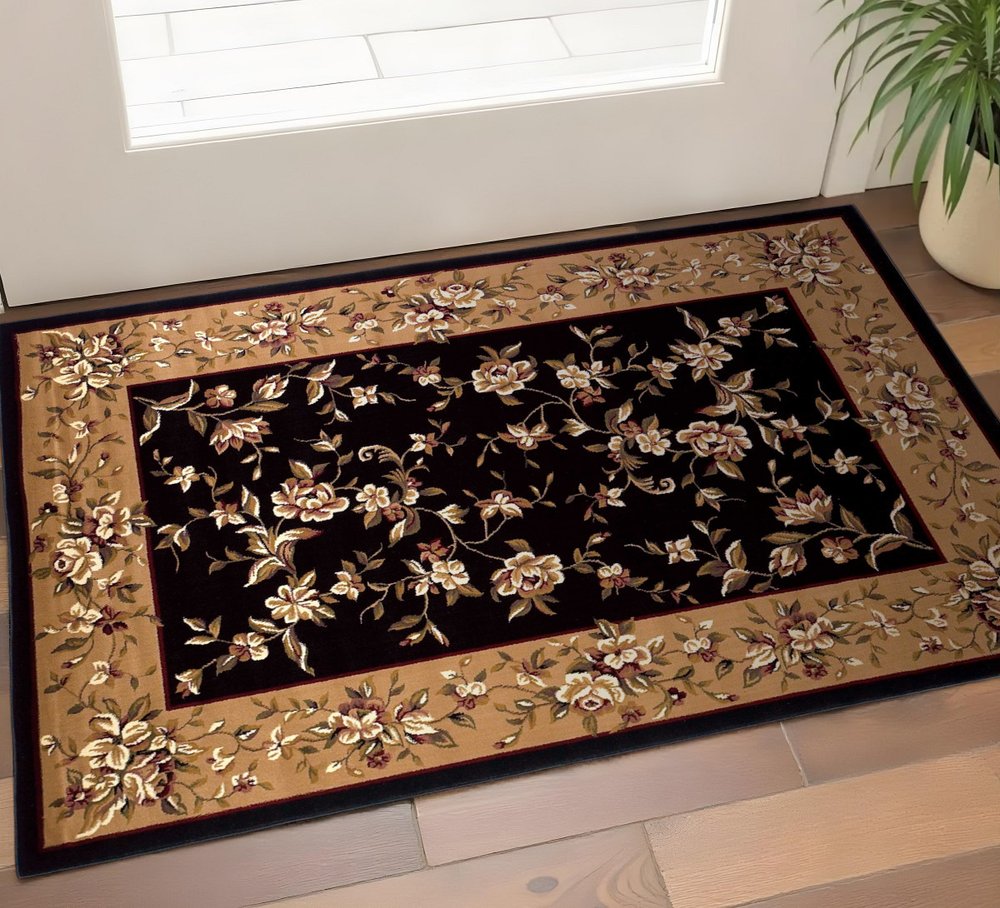 7' Tan Black And Beige Floral Vines Octagon Rug