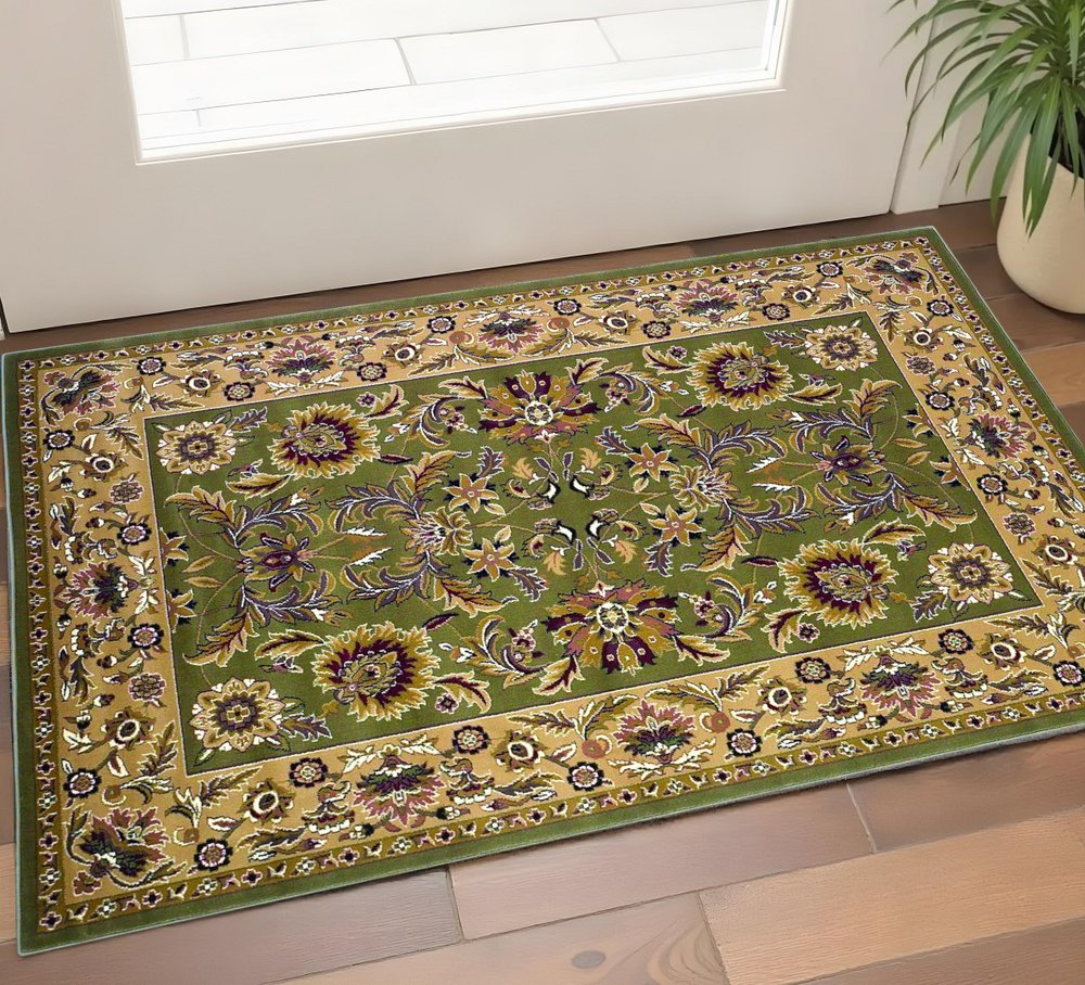 2' X 3' Green Taupe And Ivory Floral Medallion Area Rug