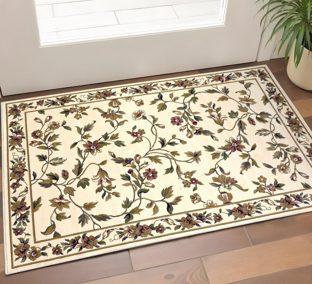 10' X 13' Ivory Green And Red Floral Vines Area Rug