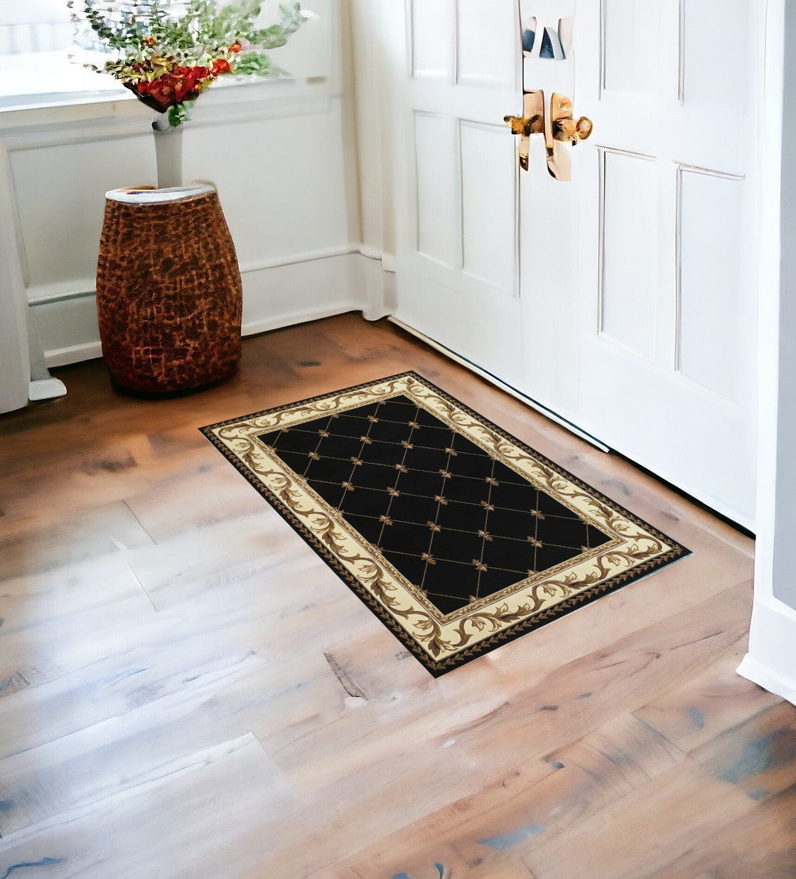 5' X 8' Brown Black And Ivory Floral Vines Area Rug