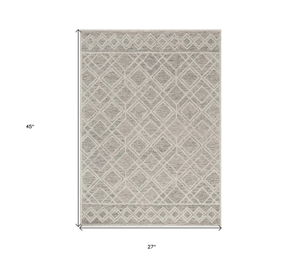 5' X 7' Sand Beige And Ivory Wool Geometric Hand Hooked Area Rug